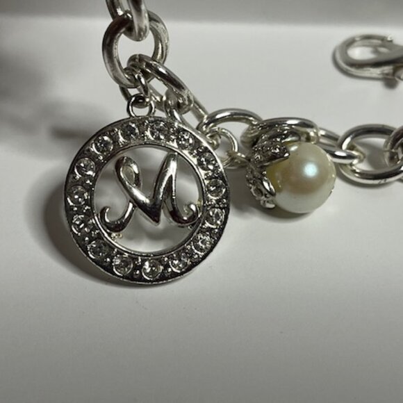 Silver-Tone Chain Charm Bracelet w/Heart, "M" Initial, Faux Pearl, Rhinestones - Picture 6 of 13